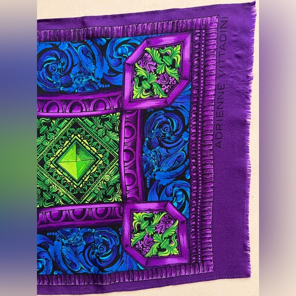 VINTAGE ADRIENNE VITTADINI SILK SCARF Geometric Design Vibrant Purple Green Blue - Picture 16 of 17